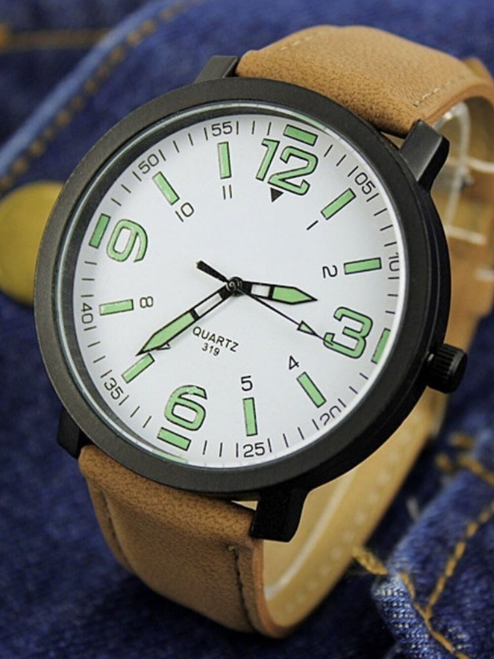 Military Style Luminous Glow Dial Quartz Analog Watch Brown Band White Case Mens